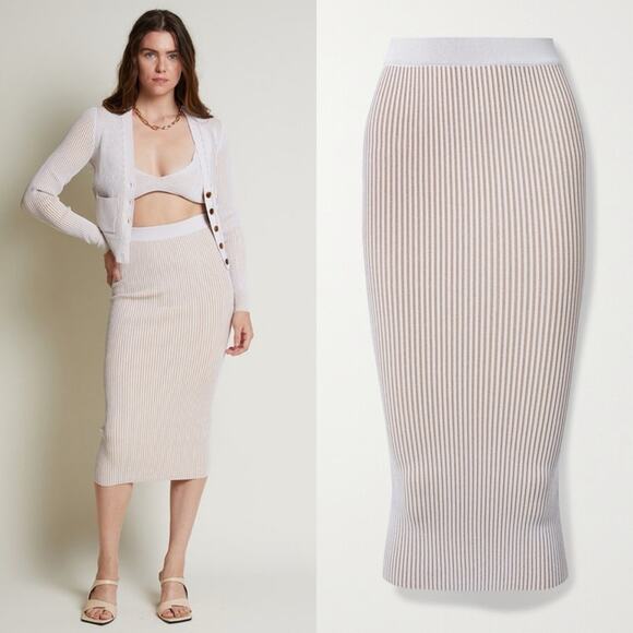 Anine Bing Julian Ribbed Knit Pencil Stretch Fitted Skirt in Ivory Cream - Picture 3 of 14